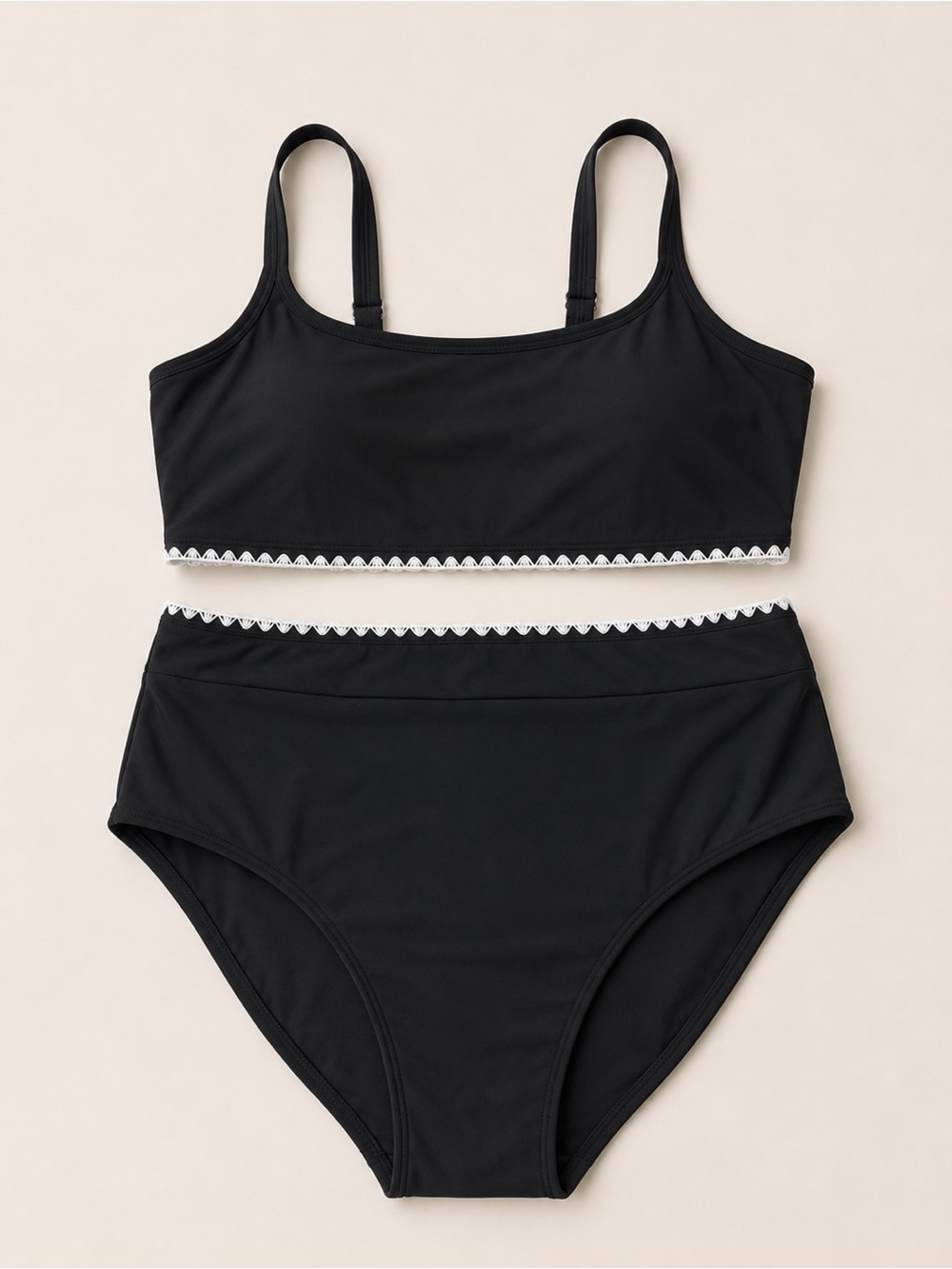 Black High-Waist Bikini Set with White Trim